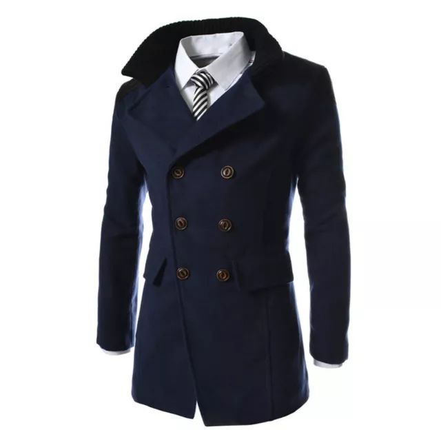 Mens Winter Warm Woolen Long Jacket Trench Coat Double Breasted Overcoat Outwear 5