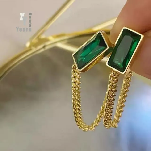 Colgantes Geométricos Clásicos De Cristal Verde Para Mujer Aretes De Cadena Oro