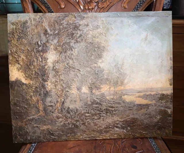 Ancienne peinture huile sur acajou XIXe paysage barbizon non signé 2