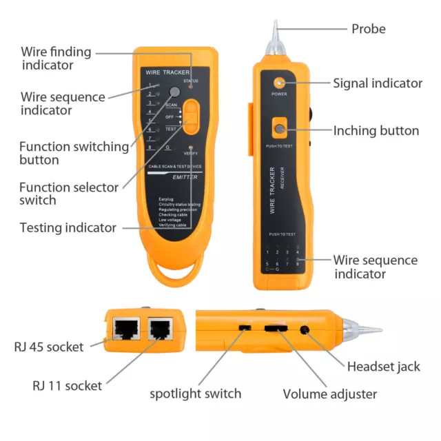 Ethernet Network Toner RJ11 RJ45 Telephone Cable Tester LAN Tracker Wire Finder 2