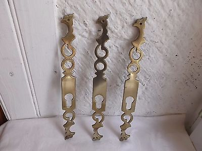 French 3  classic brass door push plates with key hold patina nicely vintage