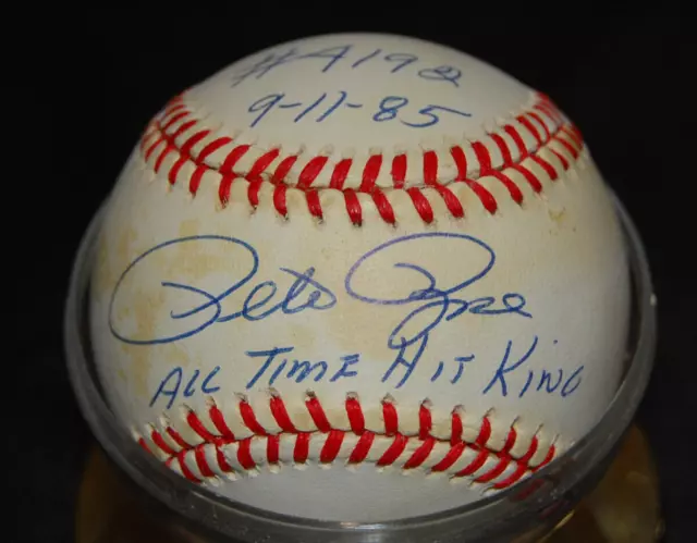 Pete Rose Autographed " All time Hit King 9-11-85" NL Baseball JSA COA w/holder Pete Rose Autographed " All time Hit King 9-11-85" NL Baseball JSA COA w/holder