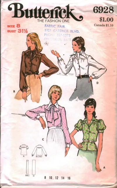 6928 Vintage Butterick SEWING Pattern Misses Loose Fitting Front Button Blouse