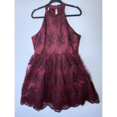 Liza Luxe Womens Size XL Burgundy Floral Lace Dress Halter Modcloth Fit & Flare