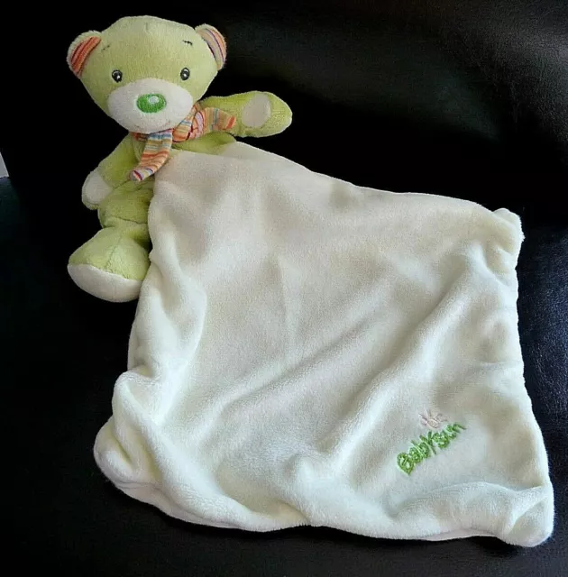 O5. Doudou Plat Babysun Ours Vert Echarpe Raye Mouchoir Blanc Etat Neuf*