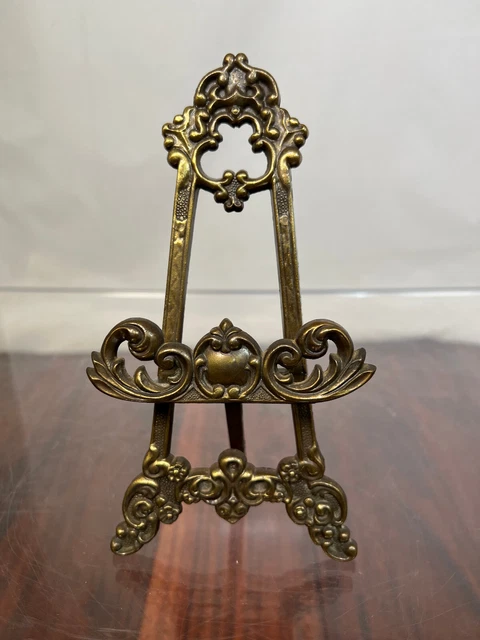 Vintage Victorian Ornate Brass Easel Desk Business Card Holder 8”