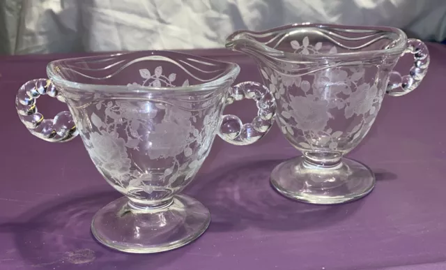 Fostoria Glass Willowmere Etched Roses Creamer & Open Sugar Bowl Set