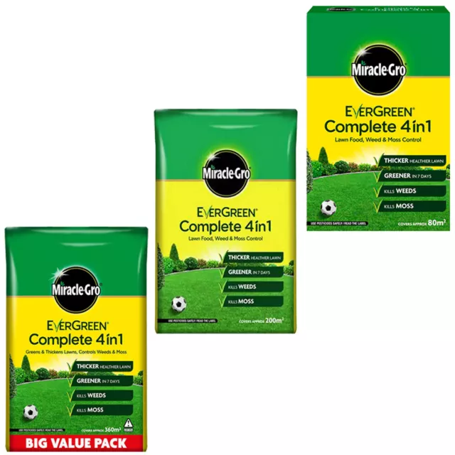 Miracle Gro Evergreen Complete 4 in 1 Lawn Feed , 80m2 200m2 7kg Moss Weed Kille