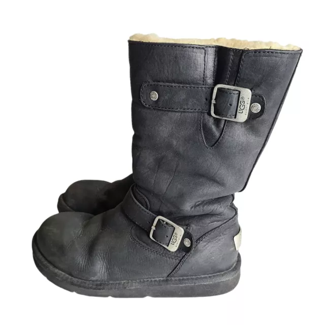 UGG Australia 5678 Leather Moto Harness Boots Kensington Sheepskin Black Size 6