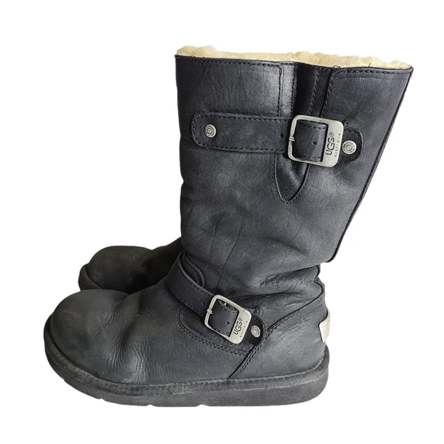 UGG Australia 5678 Leather Moto Harness Boots Kensington Sheepskin Black Size 6