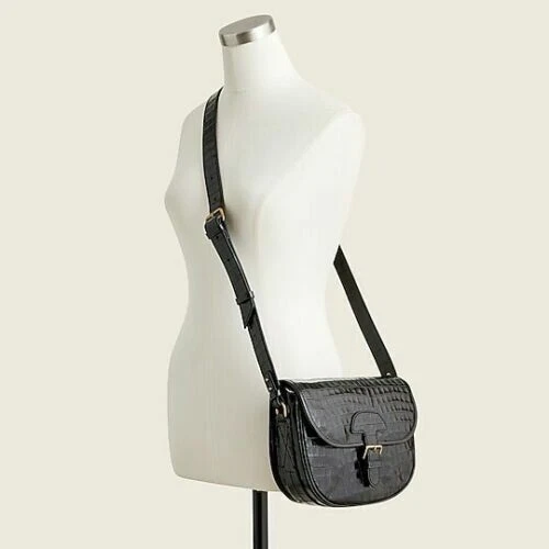 J.CREW Classic Large Saddle Bag Croc-embossed Leather Black $228 New Ultra-Chic