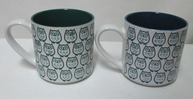 Graydon Hall Owl print Mug Cup Set 2 blue & green Micro & Dish Safe 14 Ounces