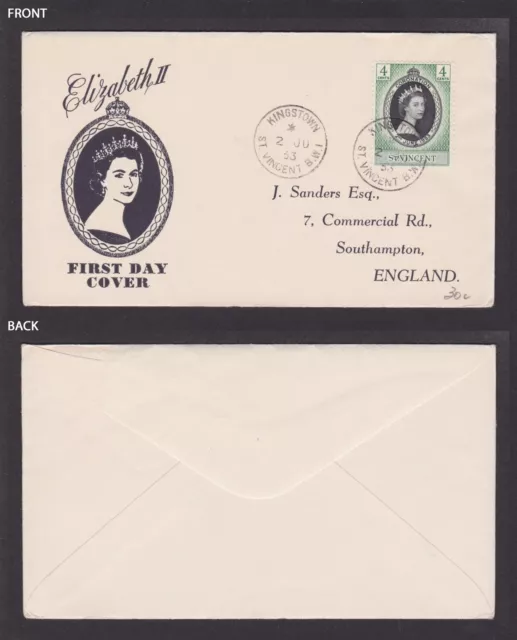 ST. VINCENT 1953, First Day Cover to England, Coronation Elizabeth II