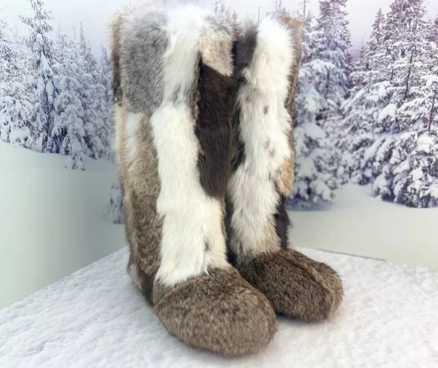 Rabbit winter fur boots for women, Patchwork genuine cozy fur snow boots