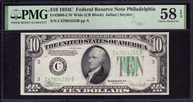 1934 C $10 Federal Reserve Note Philadelphia Fr.2008-C Cb Block Pmg Ch Au 58 Epq