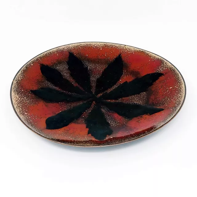 Vintage Enamel On Copper Plate Mid Century Red Black Gold Accent Trinket Dish
