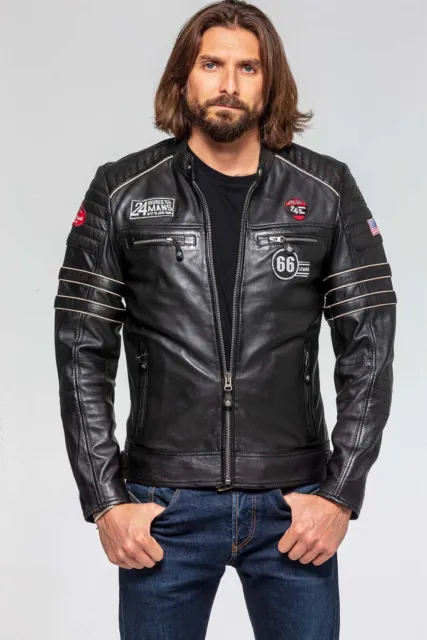 Mens Real Leather Jacket - Vintage LeMans Track Cafe Racer Biker Motorcycle Coat