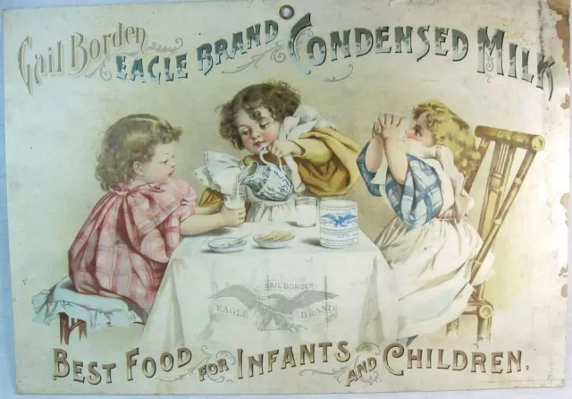 1896 GAIL BORDEN EAGLE BRAND CONDENSED MILK ADVERTISING SIGN ~ 3 Little Girls