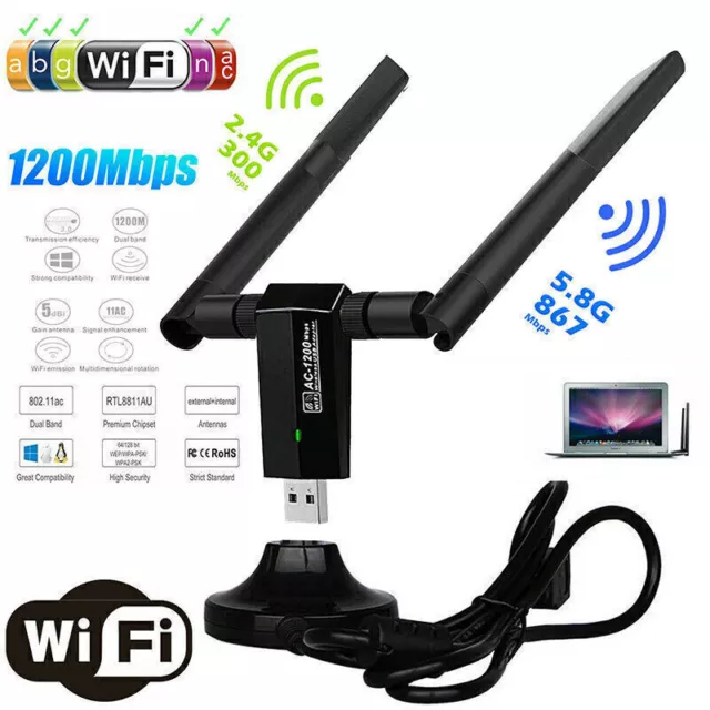 USB 3.0 1200Mbps Long Range AC1200 Dual Band 5GHz Wireless WiFi Adapter Antennas