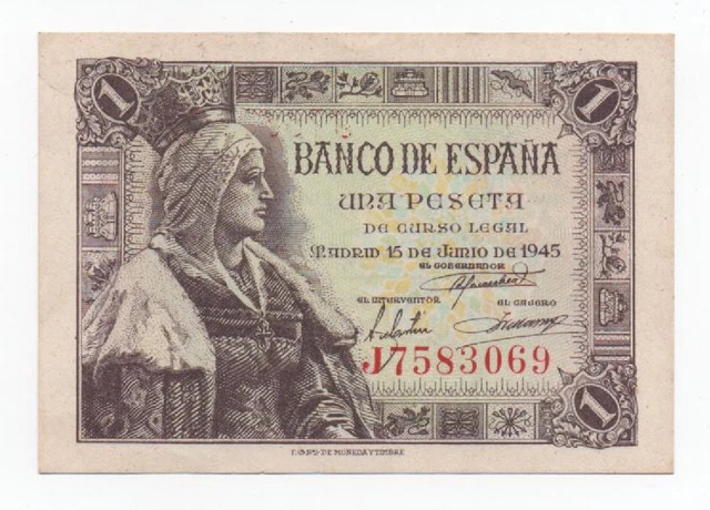 Spain 1 Peseta 1945 Pick 128 Xf/Au