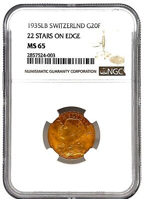 1935LB 22 Stars On Edge  20 Francs Switzerland Gold NGC MS65 Key Date. Scares !!