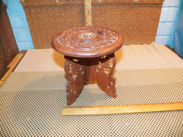 Vintage Carved Teak Wood Plant Stand Boho Inlaid Small Stand