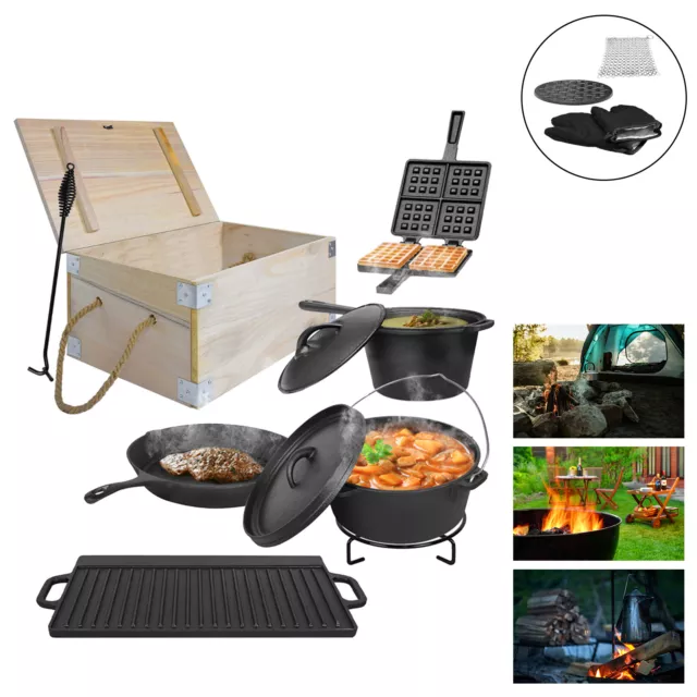 11-teilig Dutch Oven Set in Holzkiste Gusseisen Grill Set Grillplatte Stieltopf
