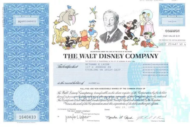 Walt Disney Co. - Fully Issued Stock Certificate (Uncanceled) - Entertainment St