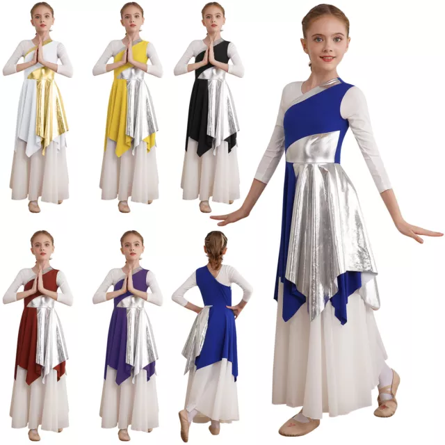 Kids Girls Dress Color Block Costumes Metallic Dancewear Dance Modern Praise