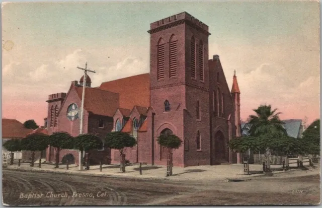 FRESNO, California Hand-Colored Postcard "Baptist Church" Street View c1910s