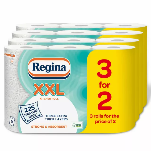 12 Rolls Regina XXL Kitchen Roll, 900 Extra Large Sheets 3ply Kitchen Towels