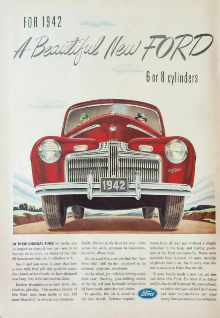 1941 Vintage ad for a 1942 Ford red 6 or 8 cyliner Car Beautiful New