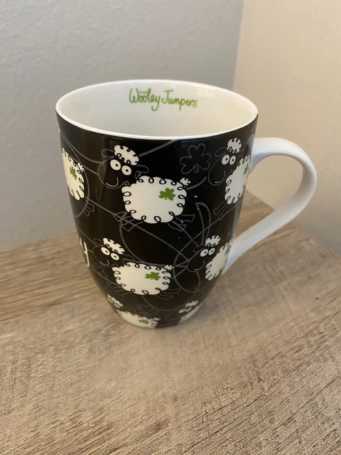 Irish Woolley Jumper Coffee Mug Sheep Clovers Black White Green Clovers Cup