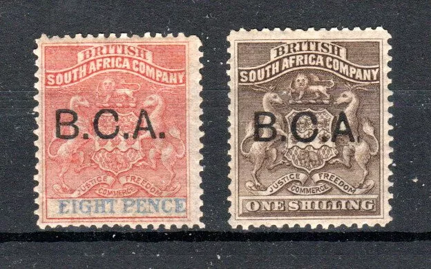 Nyasaland 1891-95 8d and 1s Rhodesia BCA opt values SG 6-7 MH