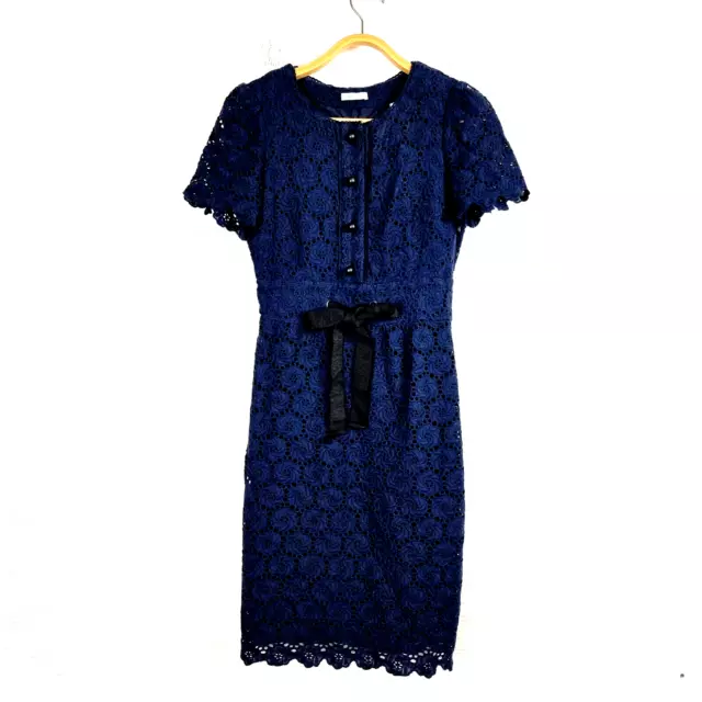 JIGSAW Womens Dress Size 8 Navy Blue Lace Short Sleeve  Pencil Round Neck Ladies