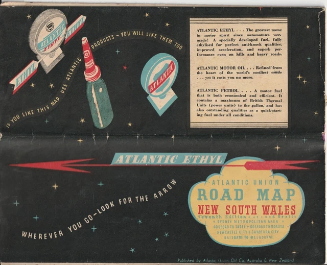 MAP , NSW , ATLANTIC UNION OIL CO,AUSTRALIA & NEW ZEALAND circa 1950's