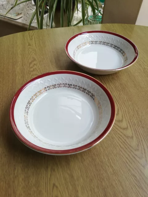 Vintage Meakin embossed Ironstone 2 x cereal/dessert bowls 7.25" white red gold