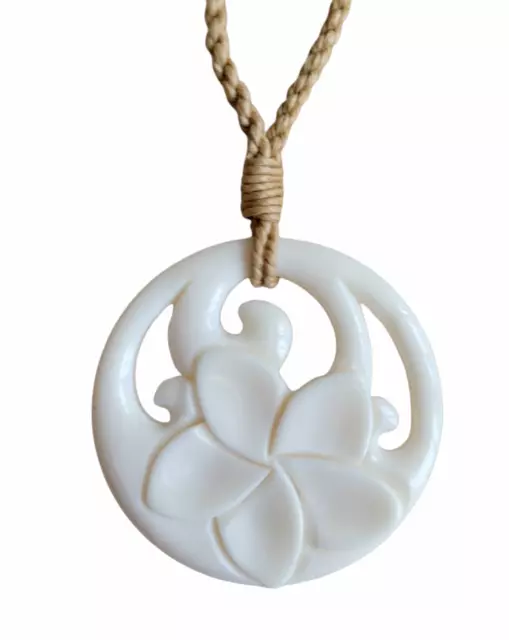 Hawaii Jewelry Plumeria Flower Buffalo Bone Carved Pendant Necklace Choker