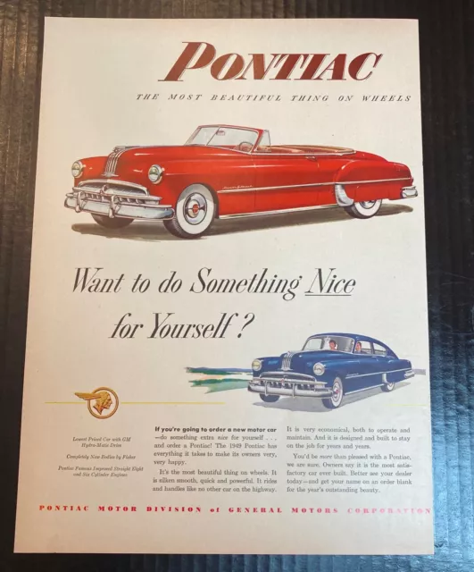 1949 PONTIAC AUTOMOBILE Vintage Art Print Ad