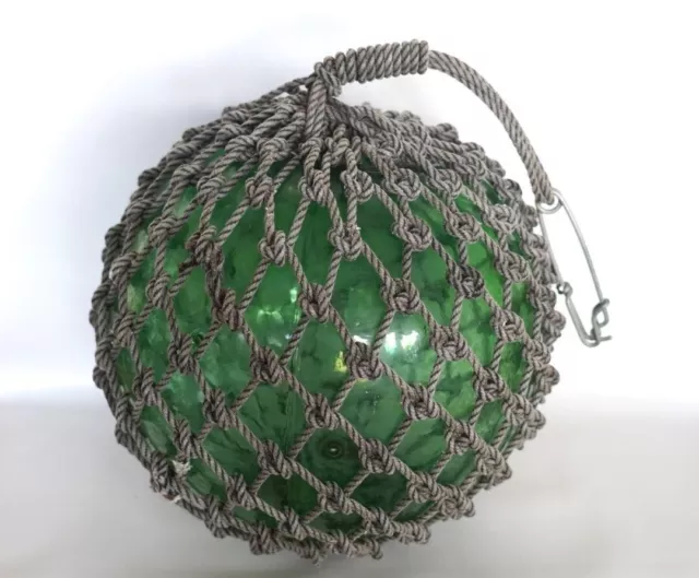 Large Glass Fishing Float Buoy Ball Net Green 30cm Japanese Vintage Object