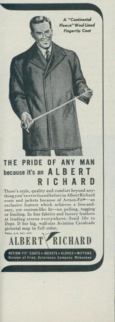 1944 Albert Richard Coat Continental Fleece Wool Lined Vintage Print Ad L23