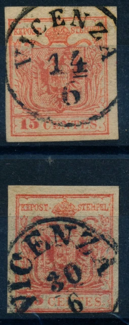 LOMBARDEI-VENETIEN 1850 2MARKE:15C, MP, Type III. und 15C, HP, Type III. VICENZA
