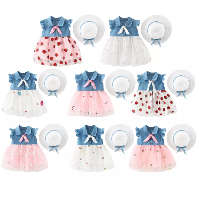 Toddler Baby Girls Summer Clothes Set Infant Flying Sleeve Tutu Dress Hat Outfit