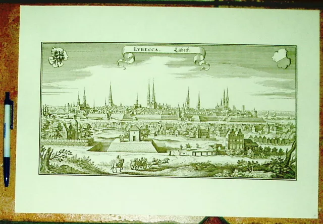 Lübeck alte Ansicht Merian Druck Stich 1650 Panorama (schw)