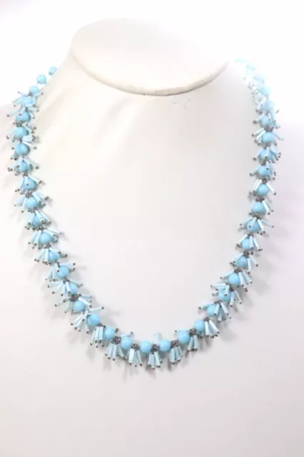 Vintage Light Blue Glass Beaded Fringe Necklace Hook Clasp