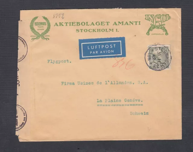 Sweden 1942 Wwii Censored Coil Airmail Advertising Cover Stockholm Switzerland