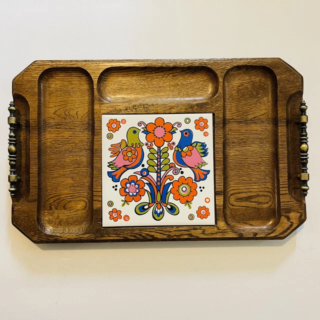 VINTAGE MID-CENTURY CHEESE BOARD 1960’s WOOD/TILE LOVE BIRDS