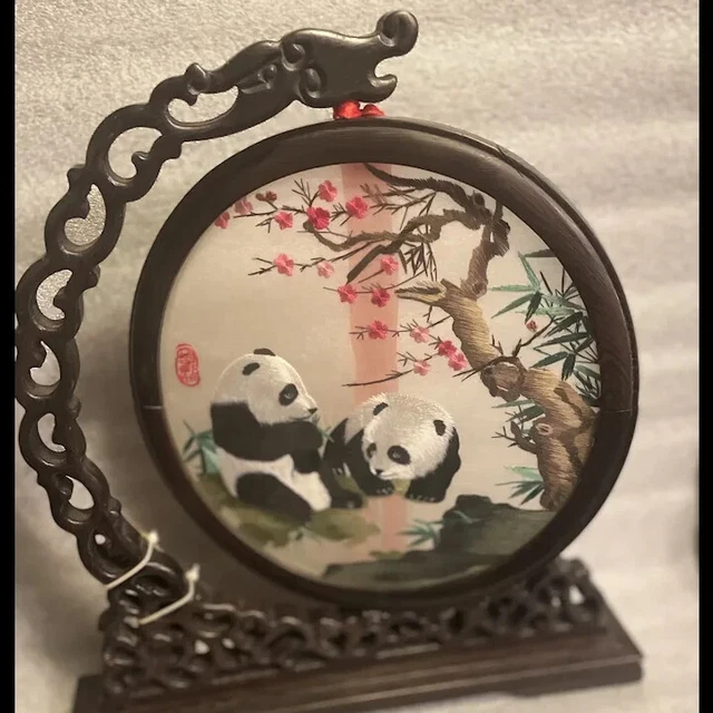 Vintage Chinese Silk Embroidered Box Framed Silkscreen Embroidery Of Panda