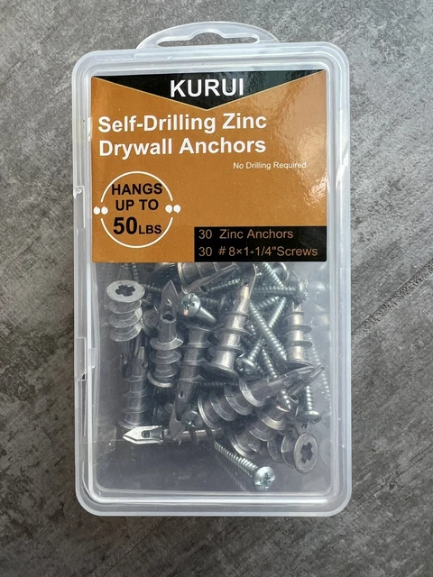 KURUI #8 Zinc Self-Drilling Drywall Anchors, 60PCs Hollow Metal Wall Anchors NEW