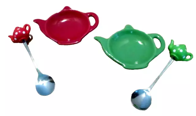 BIA Hand Glazed Red/Green Tea Bag Holders with Matching Teapot Teaspoons-2